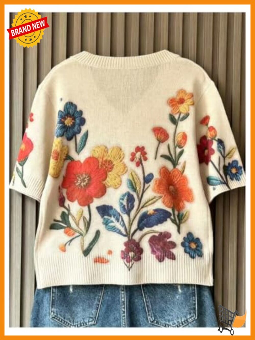 Boho Floral Half Sleeve V-Neck Pullover Sweater Loose Fit Lightweight - Picture 2 of 5